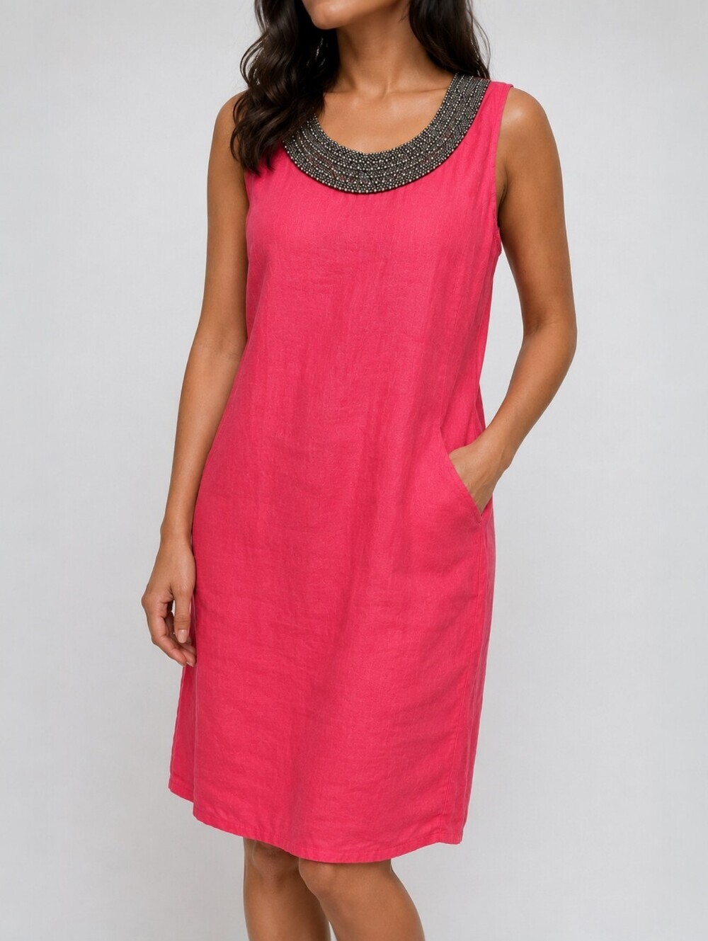 Lina Tomei Linen Shift Dress Coral Beaded Neck Sleeveless M